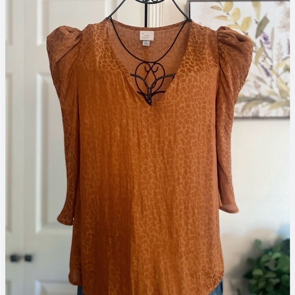 NWT A New Day animal print v-neck top puff sleeves Medium rust color - Picture 3 of 6